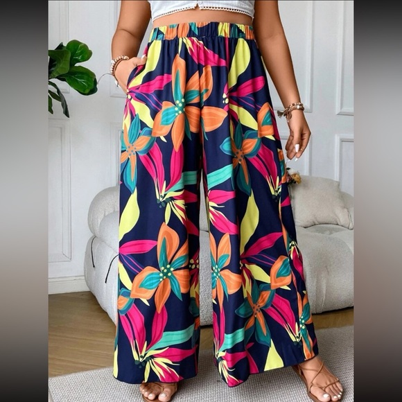 Boho Plus Size Floral Tropical Print Wide Leg Palazzo Pants - Picture 5 of 7